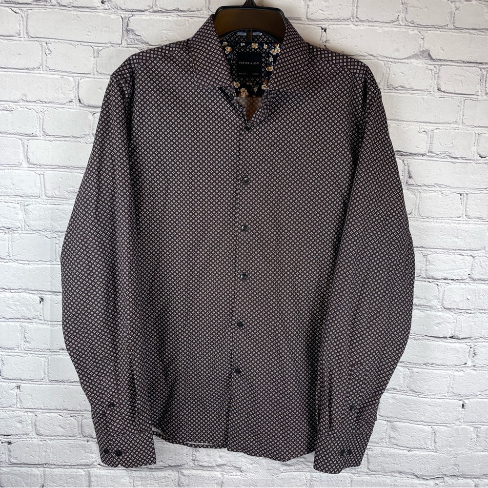 Porter & Ash Shirt Men's Large Brown Blue Floral Geometric Long Sleeve Button Up